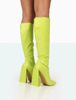 Senna Lime Pu Knee High Block Heel Boots -LoafLuxe Shop 771A8366
