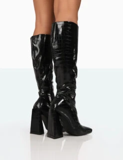 Senna Wide Fit Black Patent Croc Knee High Block Heeled Boots -LoafLuxe Shop 771A8371 270c2558 051c 49b0 a392 9d4a0e3b5a19