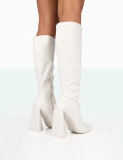 Senna White Croc Pu Knee High Block Heel Boots -LoafLuxe Shop 771A8375