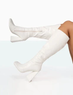 Senna White Croc Pu Knee High Block Heel Boots -LoafLuxe Shop 771A8376