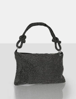 The Ingrid Black Diamante Zip Up Knot Detail Mini Shoulder Bag -LoafLuxe Shop 771A8562