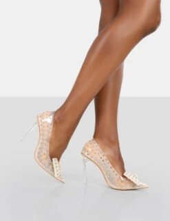 Fake Love Nude Diamante Detail Bow Court Clear Perspex Pointed Stiletto Heels -LoafLuxe Shop 771A8839