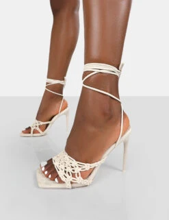 Seabreeze Ecru Rope Woven Lace Up Square Toe Heels -LoafLuxe Shop 771A9210