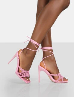 Seabreeze Pink Rope Woven Lace Up Square Toe Heels -LoafLuxe Shop 771A9211