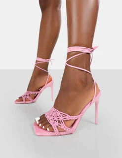 Seabreeze Pink Rope Woven Lace Up Square Toe Heels -LoafLuxe Shop 771A9214