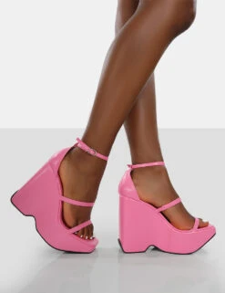 Duke Pink Strappy Square Toe Platform Wedge High Heels -LoafLuxe Shop 771A9241