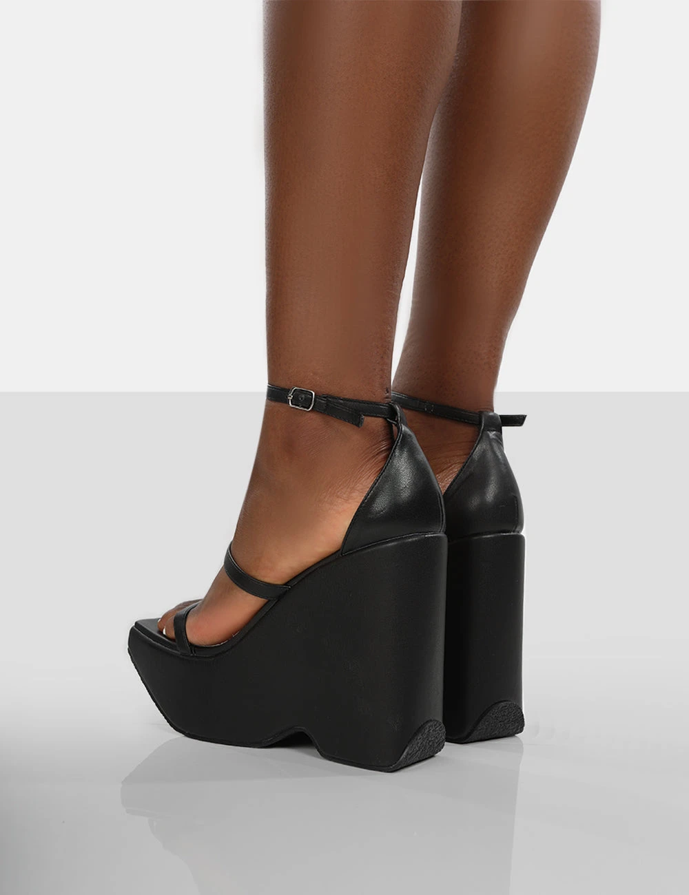Duke Black Strappy Square Toe Platform Wedge High Heels 4 Duke Black Strappy Square Toe Platform Wedge High Heels - Image 2