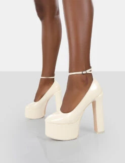 Donatella White Patent Ankle Strap Block Heel Platform Court Shoes -LoafLuxe Shop 771A9273