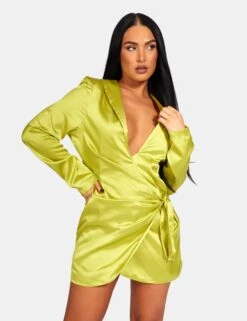 Tie Waist Satin Blazer Dress Lime -LoafLuxe Shop 771A9383Feb232017copy
