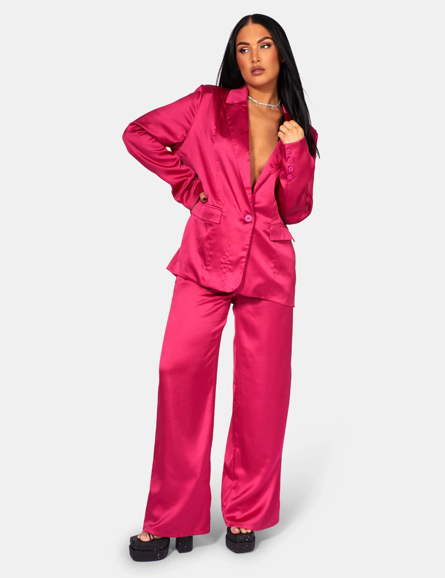 Satin Wide Leg Tailored Trousers Pink 3 Satin Wide Leg Tailored Trousers Pink