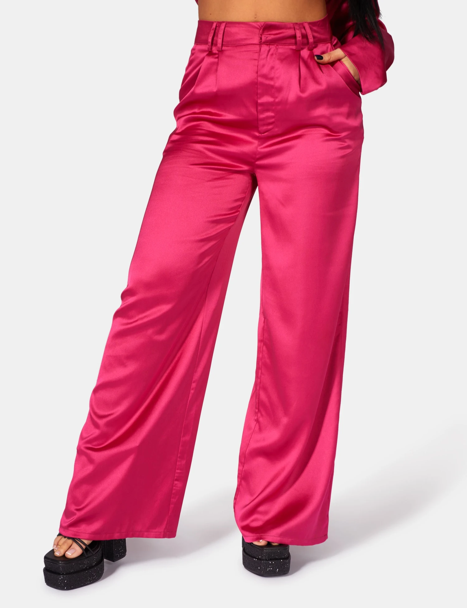 Satin Wide Leg Tailored Trousers Pink 5 Satin Wide Leg Tailored Trousers Pink - Image 3