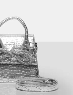 The Indy Silver Croc Pu Diamante Bow Mini Bag -LoafLuxe Shop 771A9595