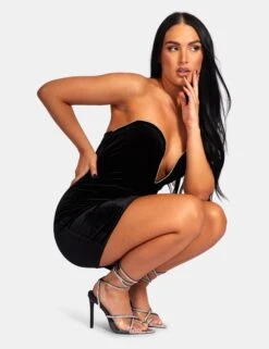 Plunge Front Diamante Trim Velvet Mini Dress Black -LoafLuxe Shop 771A96351Feb232017