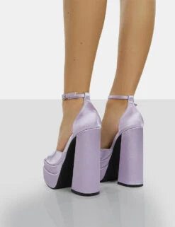 Mercy Lavender Satin Strappy Square Toe Platform High Block Heels -LoafLuxe Shop 771A9745