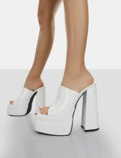 Sky High White Croc Chunky Platform High Heeled Mules -LoafLuxe Shop 771A9758