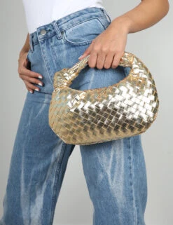 The Blame Metallic Gold Woven PU Knot Detail Mini Grab Bag -LoafLuxe Shop 771A9899