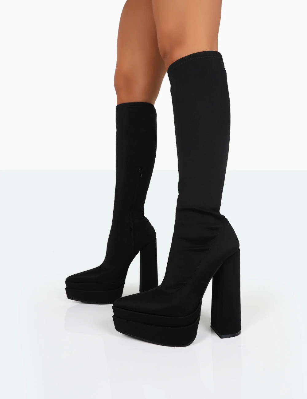 End Game Black Lycra Platform Pointed Toe Block Heel Knee High Boots 5 End Game Black Lycra Platform Pointed Toe Block Heel Knee High Boots - Image 3