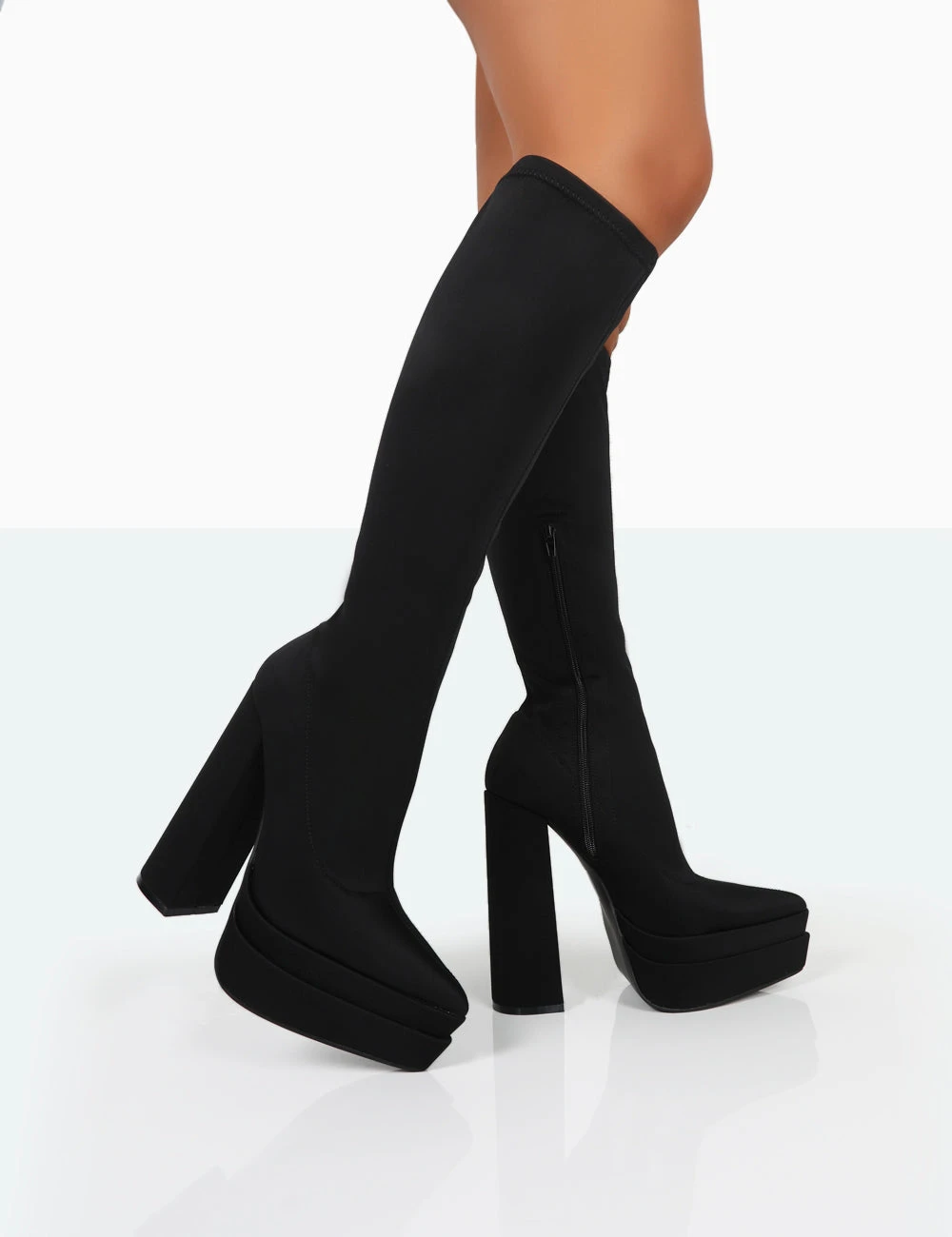 End Game Black Lycra Platform Pointed Toe Block Heel Knee High Boots 3 End Game Black Lycra Platform Pointed Toe Block Heel Knee High Boots
