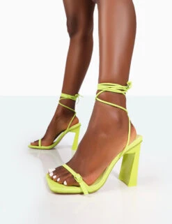 Cleo Lime Pu Square Toe Strappy Lace Up Block Heels -LoafLuxe Shop 771A9964