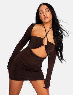 Slinky Ruch Bust Cut Out Long Sleeved Dress Chocolate -LoafLuxe Shop 771A99641Feb232017copy