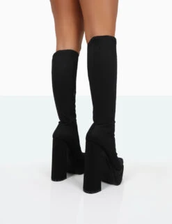 End Game Black Lycra Platform Pointed Toe Block Heel Knee High Boots 9 End Game Black Lycra Platform Pointed Toe Block Heel Knee High Boots -LoafLuxe Shop 771A9964 ebbe16eb 9bcf 41fd 88c0 2e25e714d547
