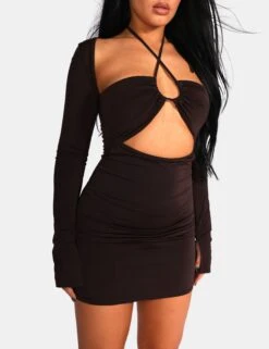 Slinky Ruch Bust Cut Out Long Sleeved Dress Chocolate -LoafLuxe Shop 771A99651Feb232017copy