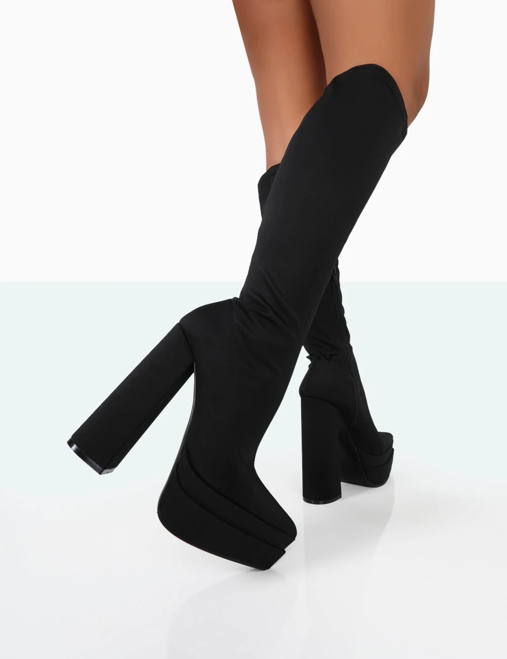 End Game Black Lycra Platform Pointed Toe Block Heel Knee High Boots 4 End Game Black Lycra Platform Pointed Toe Block Heel Knee High Boots - Image 2