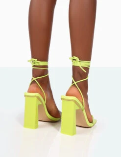 Cleo Lime Pu Square Toe Strappy Lace Up Block Heels -LoafLuxe Shop 771A9966