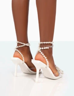 Hope Wide Fit White Pu Pearl Clear Perspex Bow Strappy Mid Heels -LoafLuxe Shop 771A9979