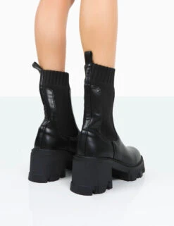 Everdeen Black PU And Knit Chunky Heeled Platform Sock Ankle Boots -LoafLuxe Shop 771A9982 3a91bd45 dfce 4c48 bd32 8dd93f6a95d8