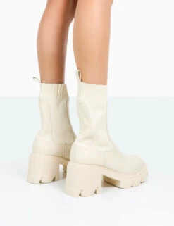 Everdeen Ecru PU And Knit Chunky Heeled Platform Sock Ankle Boots -LoafLuxe Shop 771A9992