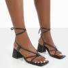 Aloha Black Lace Up Block Mid Heeled Sandals -LoafLuxe Shop ALOHABLACKFRONT