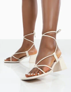 Aloha Ecru Lace Up Block Mid Heeled Sandals -LoafLuxe Shop ALOHAWHITEDETAIL