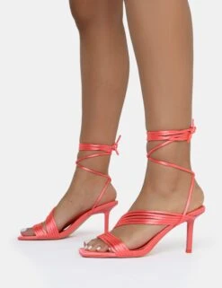 Esla Coral Satin Multi Strap Lace Up Square Toe Mid Stiletto Heels -LoafLuxe Shop AQ4A0007