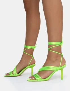 Esla Lime Satin Multi Strap Lace Up Square Toe Mid Stiletto Heels -LoafLuxe Shop AQ4A0012