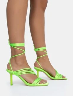 Esla Lime Satin Multi Strap Lace Up Square Toe Mid Stiletto Heels