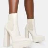 Cady Ecru Pu Platform Pointed Toe Block Heel Ankle Boots -LoafLuxe Shop CADYECRUFLIP
