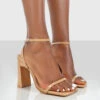 Charlotte Camel Patent Square Toe Strappy Block Heels -LoafLuxe Shop CHARLOTTEPATENTCAMELFRONTcopy