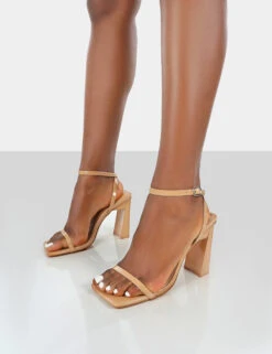 Charlotte Camel Patent Square Toe Strappy Block Heels -LoafLuxe Shop CHARLOTTEPATENTCAMELSIDE