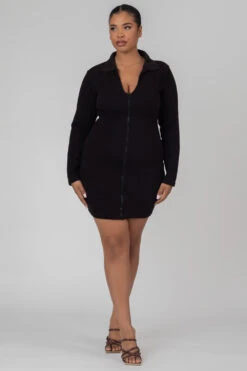 Curve Zip Through Collared Mini Dress Black -LoafLuxe Shop CPDR00091