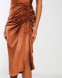 Amber X Public Desire Cowl Front Midi Dress In Satin Chocolate -LoafLuxe Shop EmptyName773