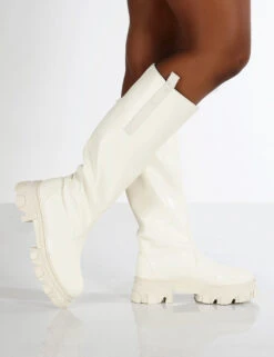 Genius Ecru Wide Fit Knee High Chunky Sole Boots -LoafLuxe Shop GENIUS ECRU2