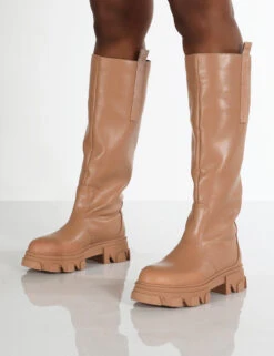 Genius Wide Fit Tan Knee High Platform Chunky Sole Boots -LoafLuxe Shop GENIUS TAN2