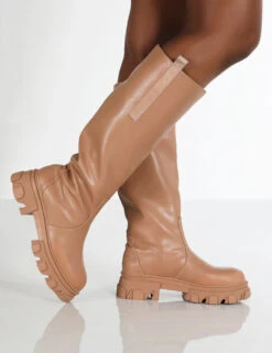 Genius Wide Fit Tan Knee High Platform Chunky Sole Boots -LoafLuxe Shop GENIUS TAN2 1