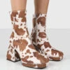 Imagine Wide Fit Brown Cow Print Chunky Heel Ankle Boots -LoafLuxe Shop IMAGINEBROWNCOWPRINTFRONT 6a9817f1 814c 4221 b058 0dc39d7ff5df