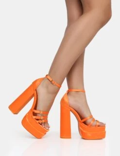 Enya Orange Satin Strappy Buckle Square Toe Platform Block Heels -LoafLuxe Shop IMG 0219