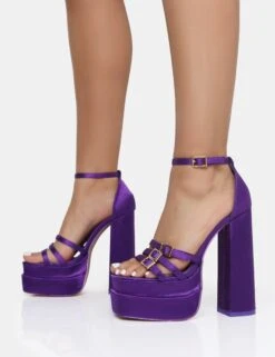 Enya Purple Satin Strappy Buckle Square Toe Platform Block Heels -LoafLuxe Shop IMG 0222