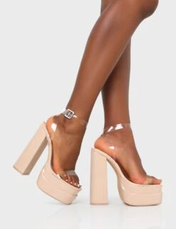 Calla Nude Patent Barely There Clear Square Toe Platform Heels -LoafLuxe Shop IMG 0256