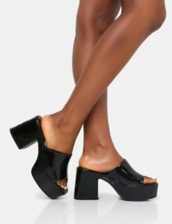 Ariel Black Patent Mule Chunky Mid Platform Heels -LoafLuxe Shop IMG 0261