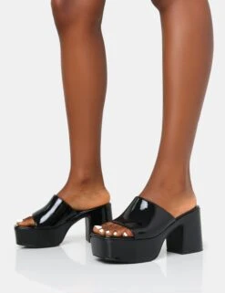 Ariel Black Patent Mule Chunky Mid Platform Heels -LoafLuxe Shop IMG 0263